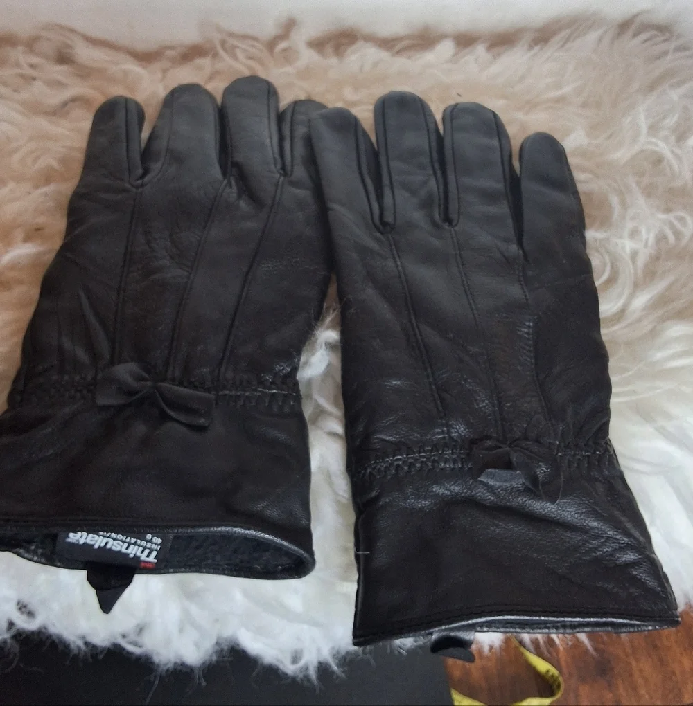 Vintage Black Leather Ladylike Bow Gloves M/L